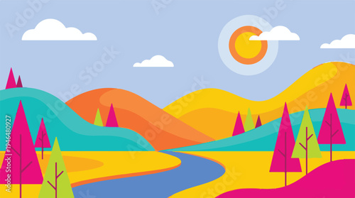 Vibrant Flat Design Landscape with River, Hills, Trees, Sun, and Clouds