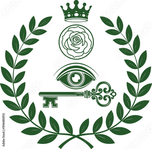 Elegant heraldic laurel wreath emblem with crown rose eye and vintage key symbolic luxury crest vector logo design ornamental badge