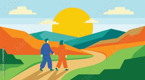Couple walking on winding path through vibrant minimalist landscape illustration