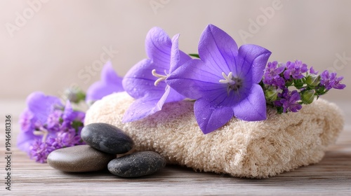 Serene Spa Arrangement with Purple Flowers, Soft Towel, and Smooth Stones for Relaxation and Wellness Atmosphere