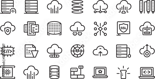 Collection of modern technology and data icons in a grid layout