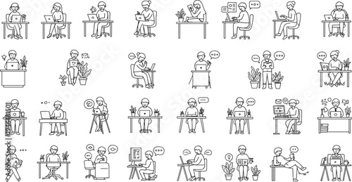  Black and white office illustrations, people working on laptops, minimal line art design, remote work concept, business communication, workspace vector set

flat vector illustration