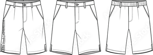 Men’s bermuda shorts technical flat sketch, casual wear vector illustration, front view design template, fashion outline drawing