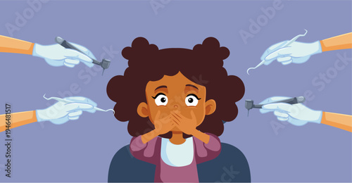 Kid Being Fearful at the Dentist Office Vector Illustration. Little girl covering her mouth feeling anxious in dental consultation