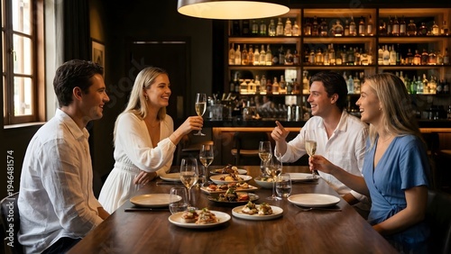 Four happy friends toasting with champagne glasses at a fancy restaurant table, enjoying a social dinner event