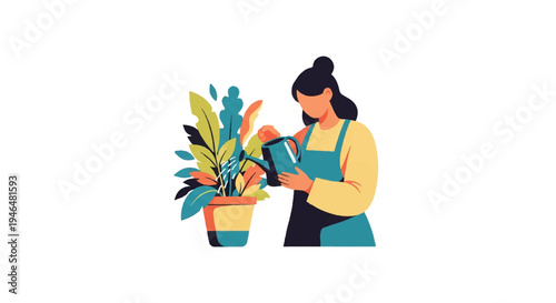 Woman watering plants vector illustration for gardening and horticulture concepts