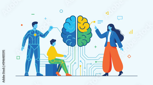 Human brain, artificial intelligence, and technological collaboration concept