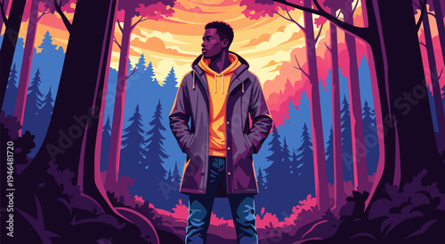 A striking vector illustration of a lone Black man standing in a vibrant, colorful forest during sunset, evoking a sense of adventure and introspection