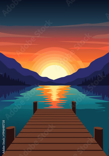 Serene Lake Sunset Dock Vector Illustration with Reflections and Mountain Backdrop