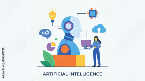 Artificial intelligence concept with robot, human interaction, and data processing