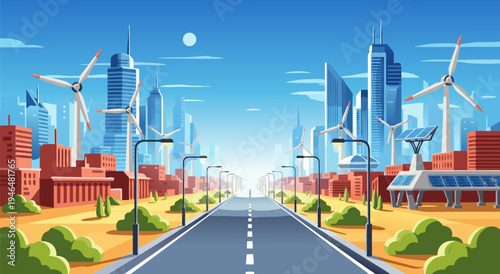 Futuristic Cityscape Vector Illustration with Renewable Energy Sources and Modern Architecture
