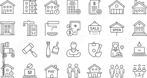 Collection of real estate and business icons on transparent background