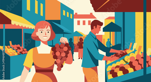 Fresh produce market scene illustration vector, with people shopping for fruits and vegetables at stalls in a vibrant outdoor setting