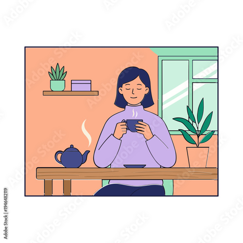Woman sits at table holding cup with steaming teapot nearby indoors