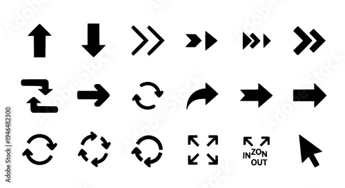 Arrows icon set with black curved and straight lines for navigation and direction featuring pointers, indicators,