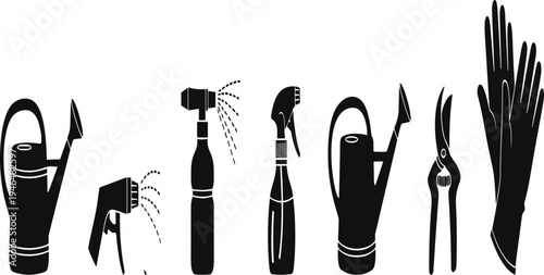 Gardening equipment silhouettes set with watering can spray bottle hose nozzle pruning shears gloves garden tools vector illustration collection