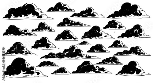 Clouds set with black cartoonish puffy shapes and white outlines on plain background featuring illustration, graphic