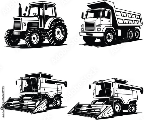 Black and white tractor, dump truck, combine harvester, agricultural machinery, heavy construction vehicle, rural industry, vintage farm equipment, industrial transport, farming illustration, vector