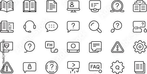 Collection of thin line icons representing information and support services