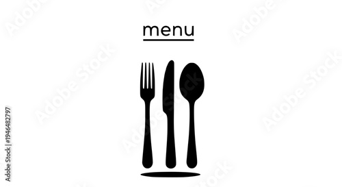 Utensils dining set with fork, knife, and spoon, black silhouette on white featuring menu, tableware, cutlery with
