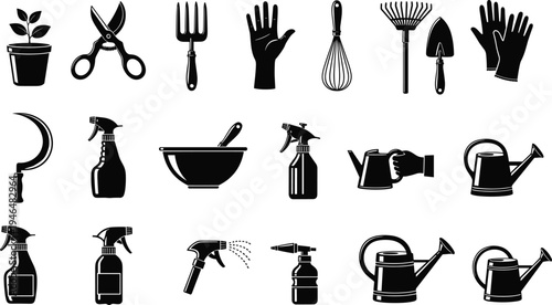 Gardening tools and equipment silhouettes set including scissors rake fork gloves spray bottle watering can vector illustration isolated collection