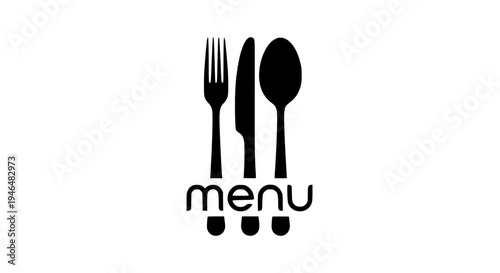 Utensils menu icon with fork, knife, and spoon in black silhouette style featuring dining, tableware, cutlery with