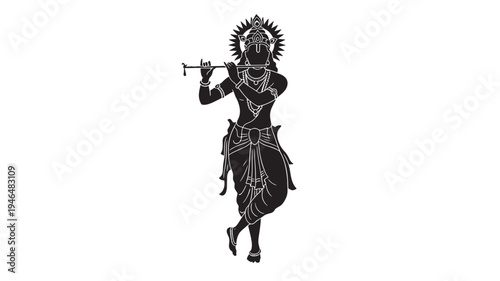 Krishna playing the flute, depicted as a silhouette with intricate jewelry and traditional attire, radiating divine energy.