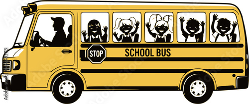 Silhouette of school bus full with happy children. Transparent background EPS version.