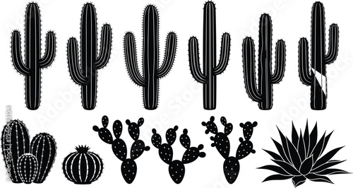 Set of black cactus silhouettes, desert succulent plant icons, prickly pear and saguaro collection, cad drawing flat vector illustration for nature decor.