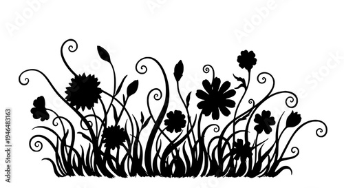 Flowers black silhouette with curly stems and leaves on white background featuring grass, plants, floral with