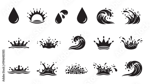 Water splash icons and waves with droplet and bubble graphics, black and white set for design use featuring wave, icon, collection with liquid and