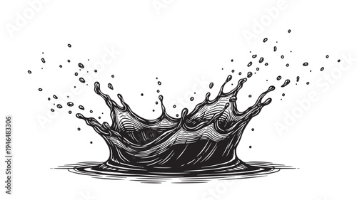 Water splash crown shape with droplets in a hand-drawn black and white illustration style, isolated on white.