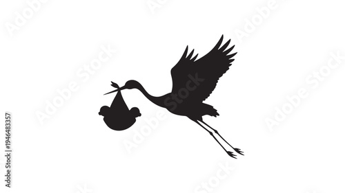Stork silhouette carrying a baby bundle in its beak on a white background, symbolizing new life and birth.