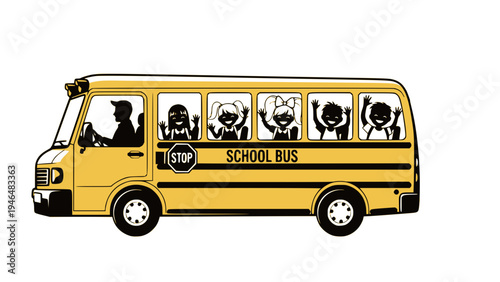 Silhouette of school bus full with happy children. Transparent background SVG version.