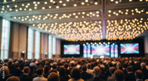 Large audience gathers in a spacious hall for a presentation or performance
