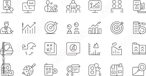 Business management icon set. Contain icons related to teamwork, leadership, organization, company strategy, business analytics and more. Editable stroke. Vector Illustration.