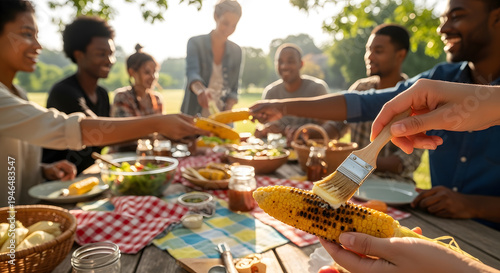 Close up of a hand applying seasoning to roasted corn on the cob at a group gathering outside
