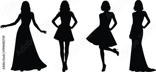 Black Female Fashion Silhouettes Collection Set of Elegant Women in Evening Gowns and Short Cocktail Dresses for Modern Design Projects