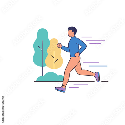 A person runs quickly in the park near trees and bushes.