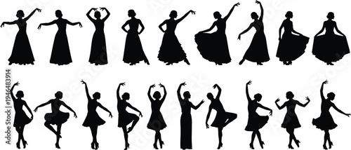 Diverse Female Dancer Silhouettes Vector Collection Featuring Elegant Ballerinas and Flamenco Dancers in Graceful Performance Poses for Creative Design Projects