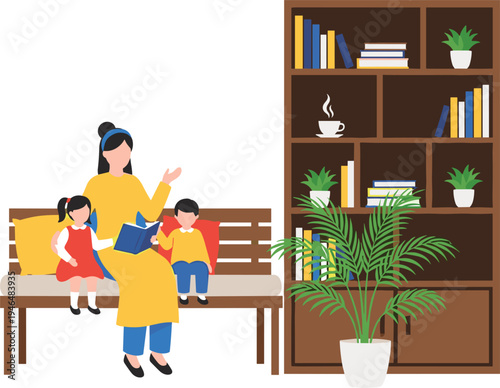 Mother Reading Book to Children at Home with Bookshelf and Plants, Family Story Time and Kids Learning Education Vector Illustration