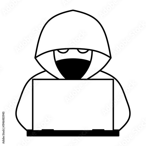 Minimalist black and white hacker with laptop line art. Cyber security anonymous programmer vector illustration. Simple hooded coder or developer outline icon.