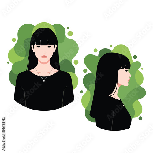 Young Asian Woman Portrait with Black Hair and Green Background