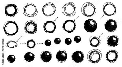 Circles hand drawn set with black brush strokes and varying sizes and opacities. featuring vector, illustration,