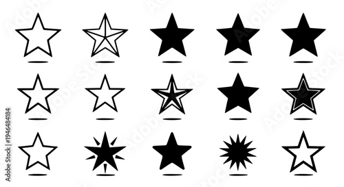 Stars set with various black and white icons and starburst effects for ratings or design featuring graphic resources,