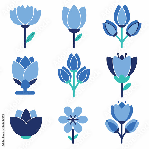 Set of Abstract Geometric Blue Flowers