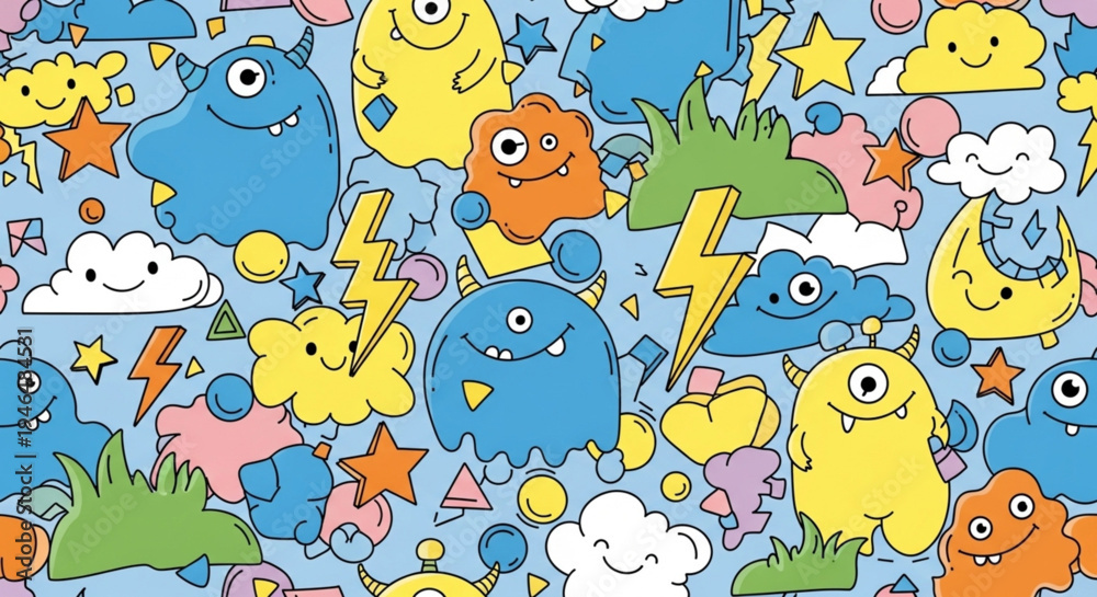 Obraz premium Cute doodle monster seamless pattern background with clouds and lightning.