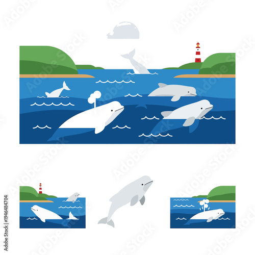 Beluga Whales in the Arctic Sea Flat Design Set