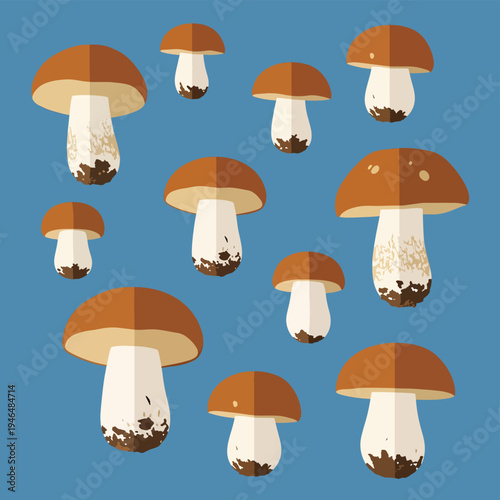 Group of Flat Design Brown Mushroom on Blue Background
