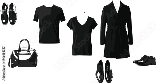 Set of fashion clothing silhouettes and accessories, mens and womens apparel icons, stylish outfit elements, CAD drawing flat vector illustration